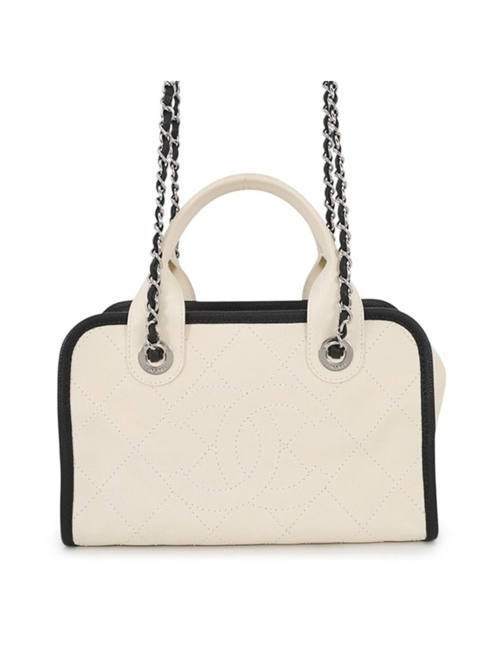 Chanel Caviar Leather CC Logo Deauville Bowling Bag 2-Way White Black
